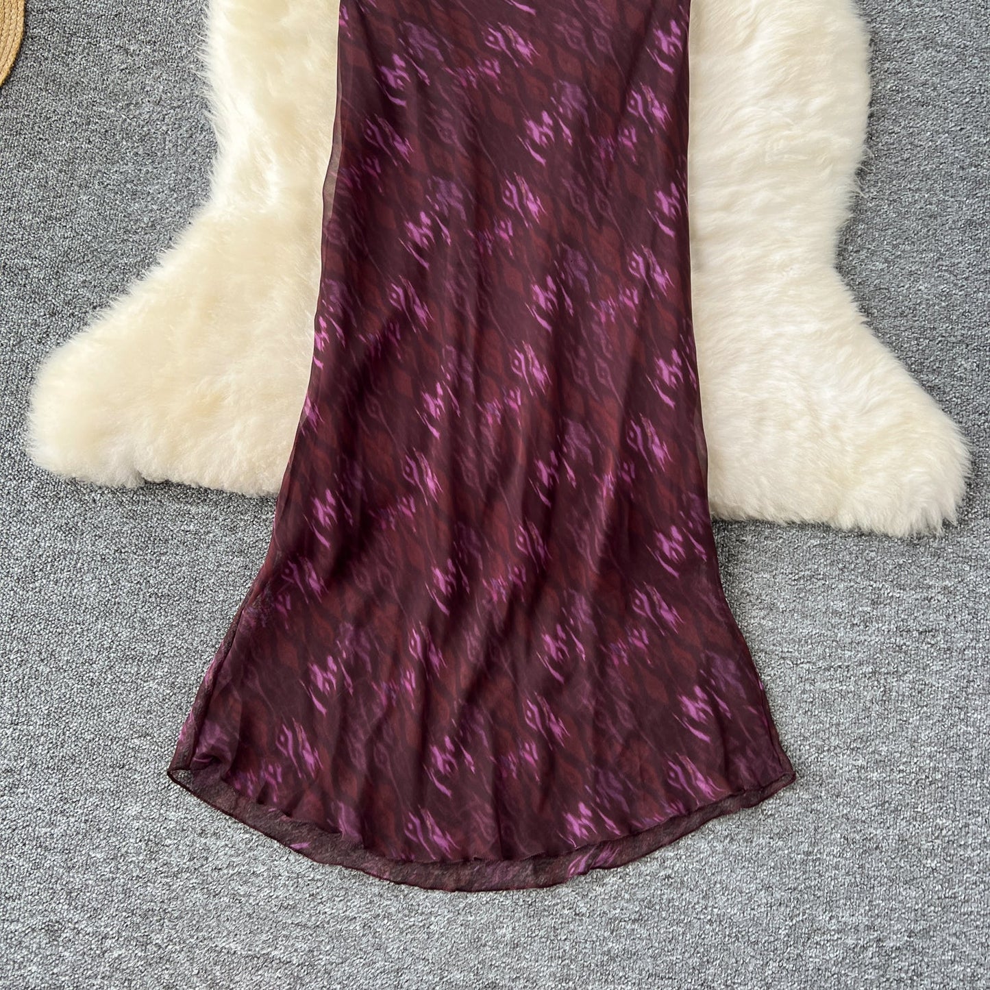 Elegant dress design V-neck ruffled halter neck tie waist slimming printed chiffon dress R2284
