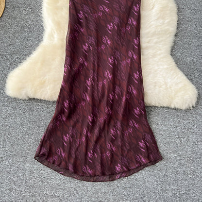 Elegant dress design V-neck ruffled halter neck tie waist slimming printed chiffon dress R2284