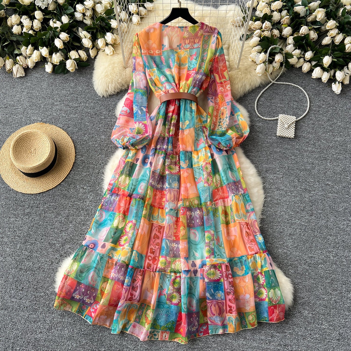 European and American style dress V-neck lantern sleeve waist wide swing ruffled long skirt R2313