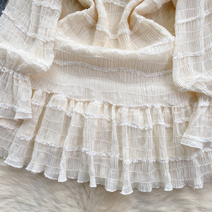 2025 new diamond beaded V-neck slim short ruffled skirt French puff sleeve dress R2352