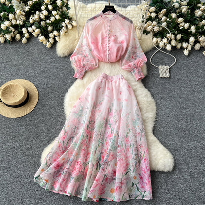 European and American style two-piece lantern sleeve button-down top high waist printed mesh skirt R2314