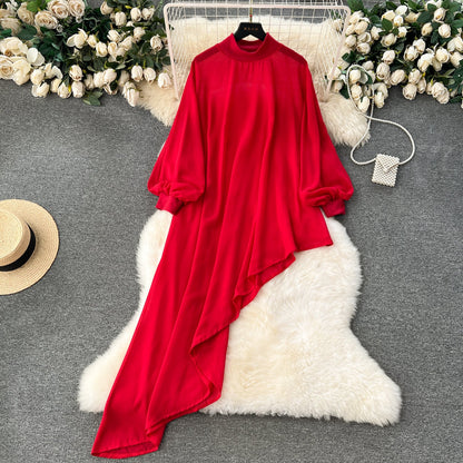 European and American large size chiffon design irregular mid-length puff sleeve dress R2326
