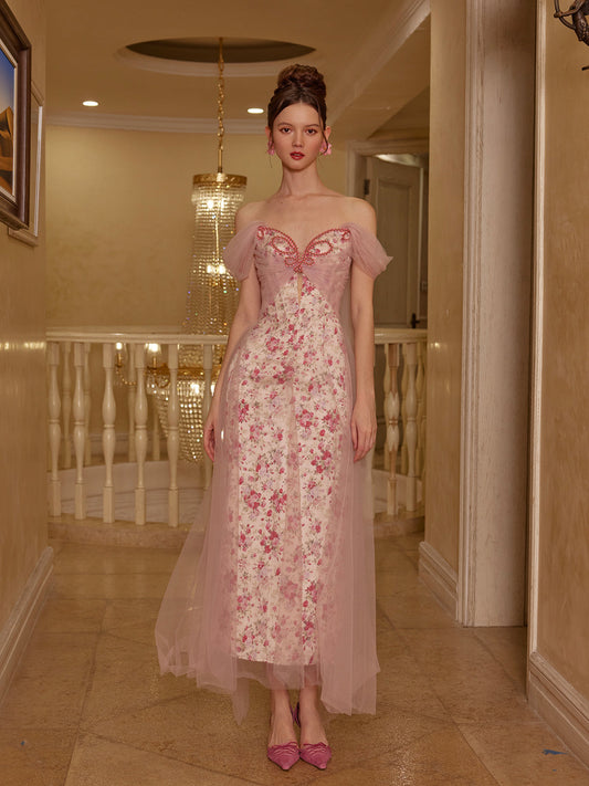 French fairy dress mesh satin printed fishbone dress evening gown dress homecoming dress R5117