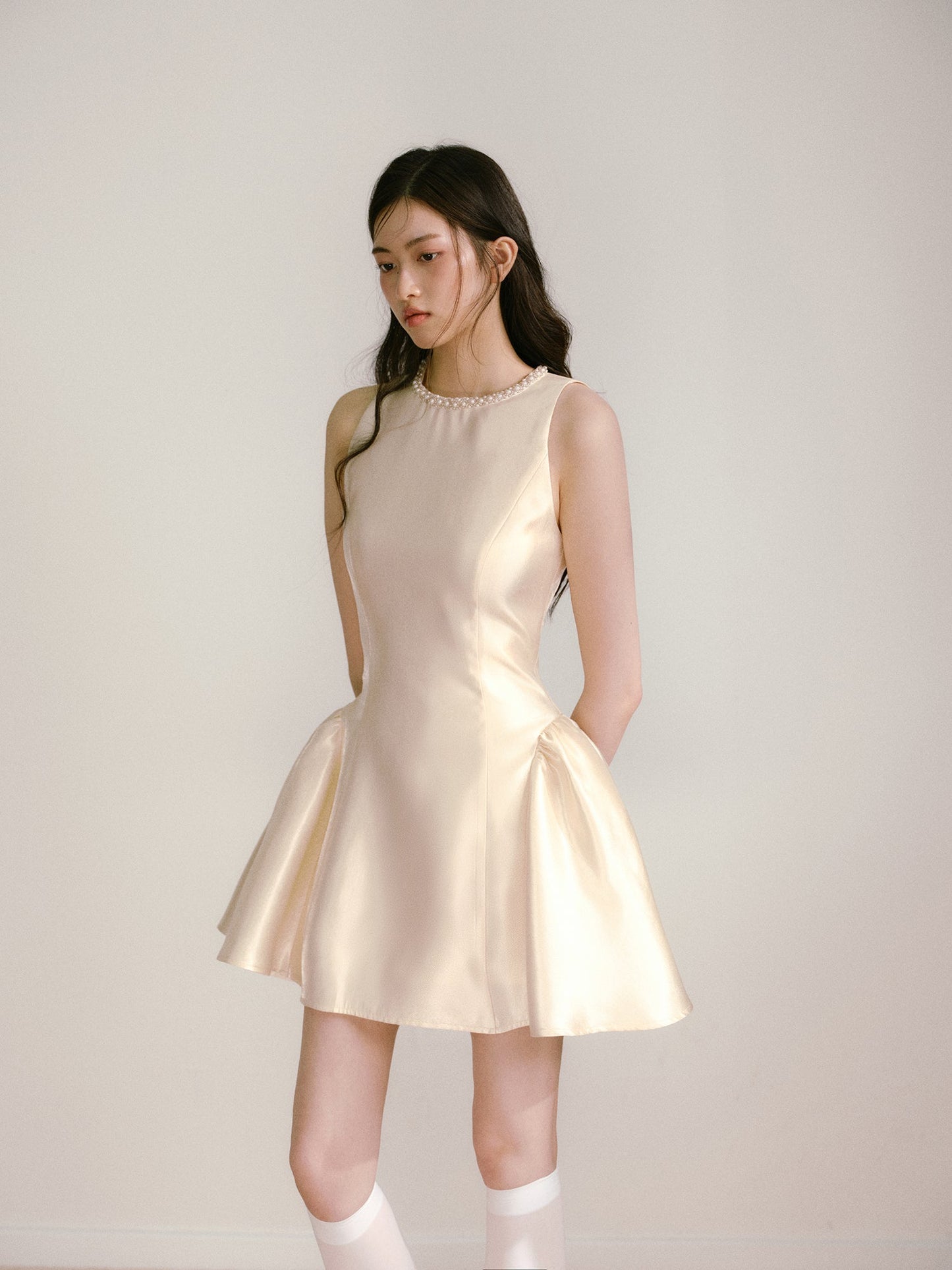 Beige glossy satin 3D handmade pearl princess skirt puffy dress R5133