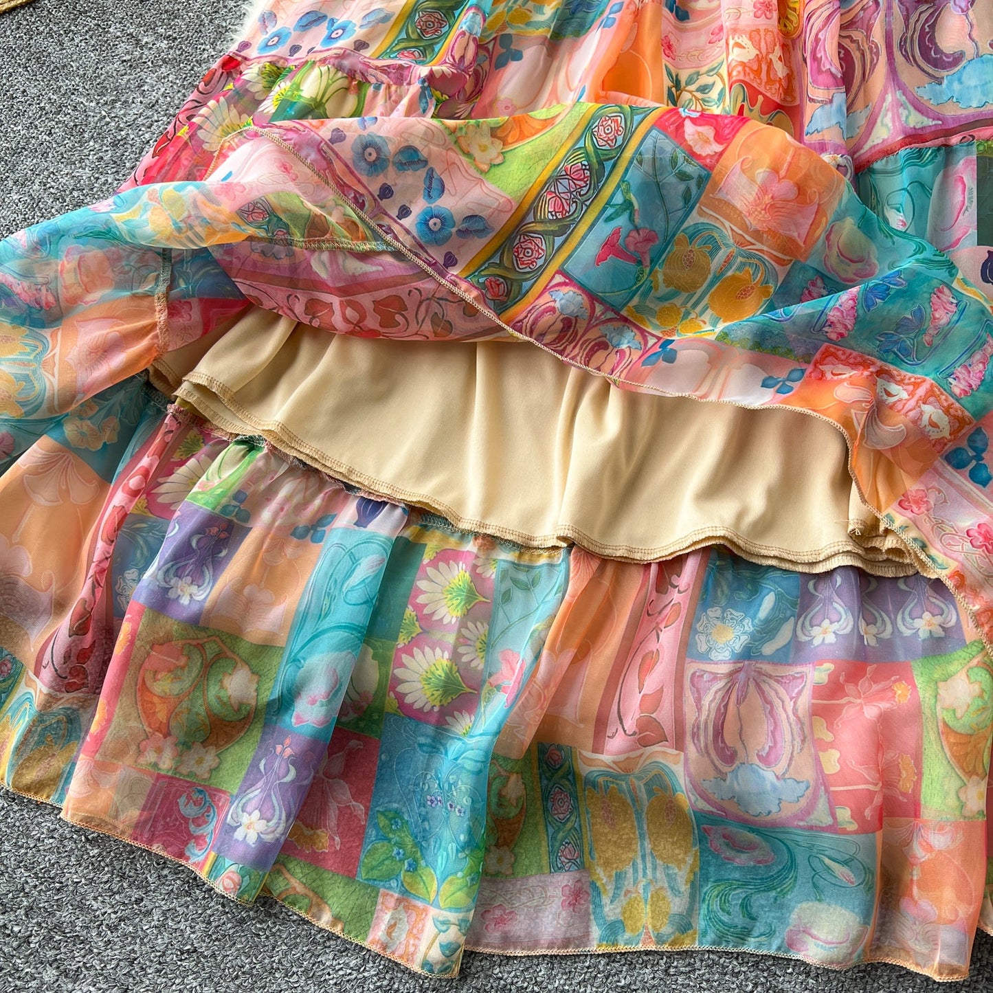 European and American style two-piece lantern sleeve button-down top high waist printed mesh skirt R2314