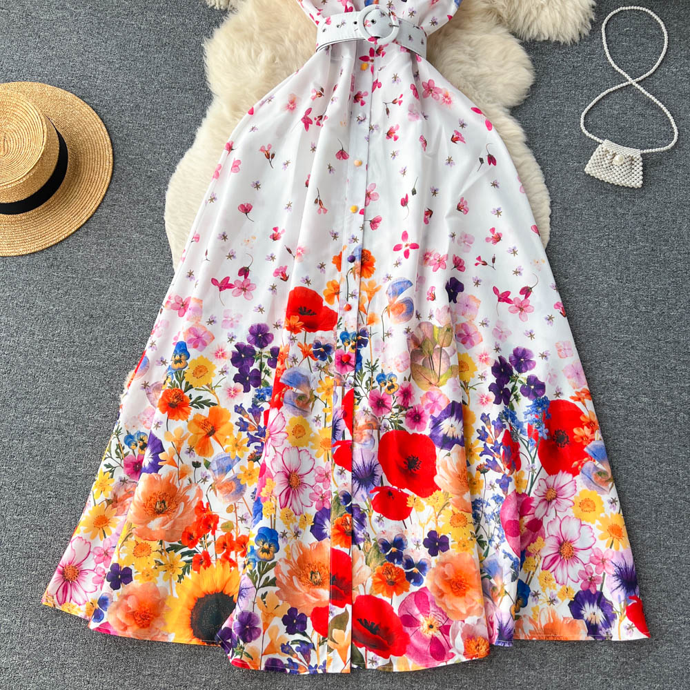 European and American retro palace style shirt dress sleeveless waist slim floral dress R2288