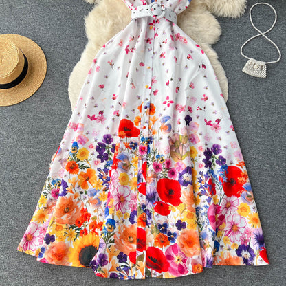European and American retro palace style shirt dress sleeveless waist slim floral dress R2288