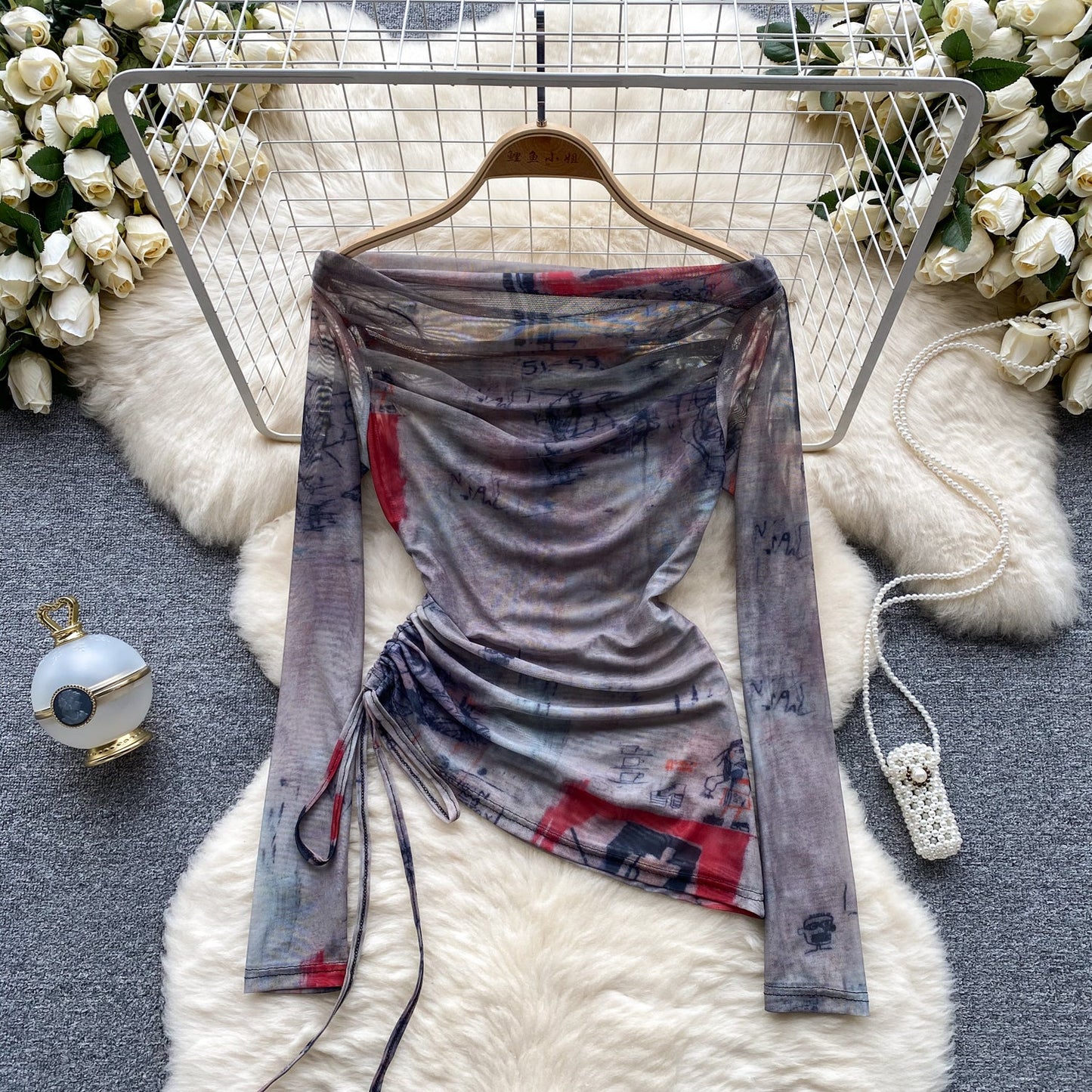 European and American hot girl style tie-dyed one-shoulder drawstring pure desire niche chic top R2296