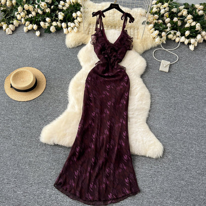 Elegant dress design V-neck ruffled halter neck tie waist slimming printed chiffon dress R2284