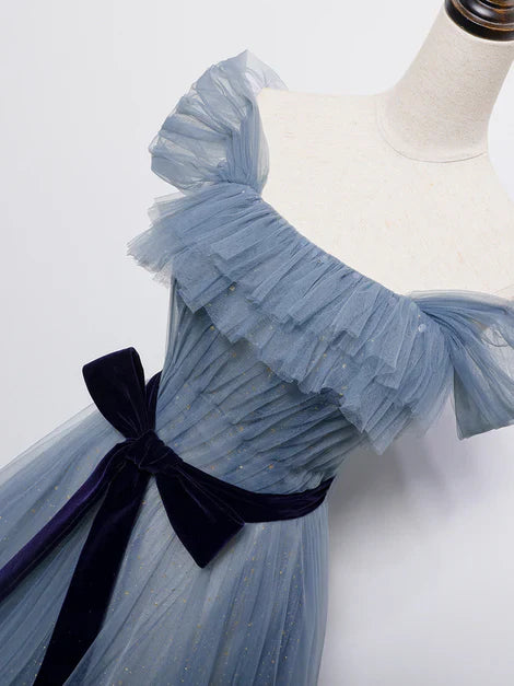 omberprom Grey-Blue Tulle Off Shoulder Long Party Dress with Bow A-line Floor Length Prom Dress Wholesale