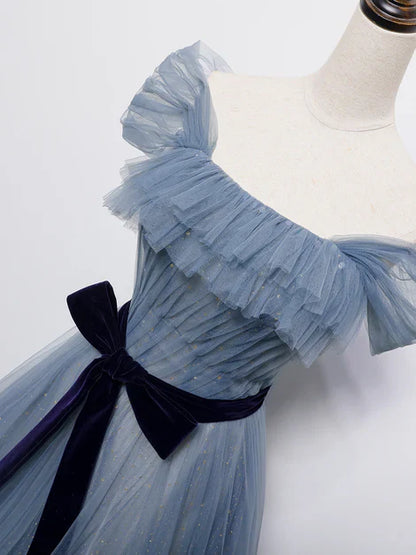 omberprom Grey-Blue Tulle Off Shoulder Long Party Dress with Bow A-line Floor Length Prom Dress Wholesale
