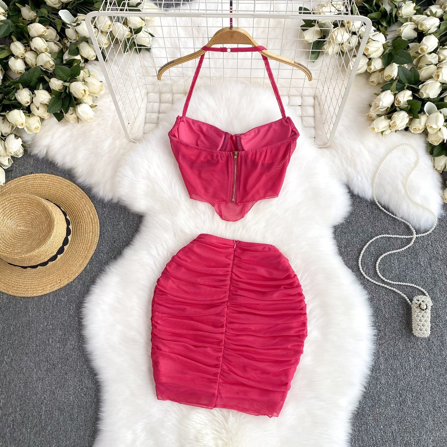 European and American suit pure desire hot girl sexy halter neck camisole + tight mesh skirt R2281