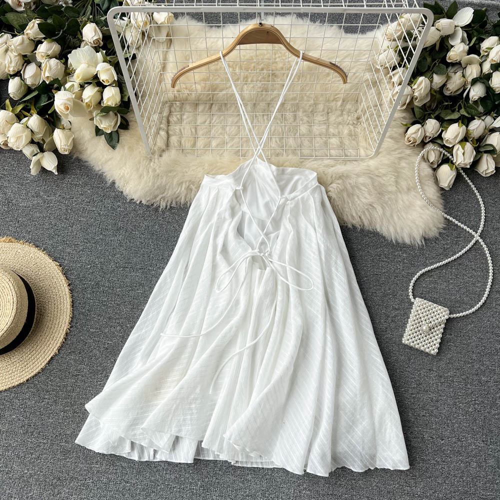 2025 summer new design niche sling holiday dress white beach dress halter dress R2299