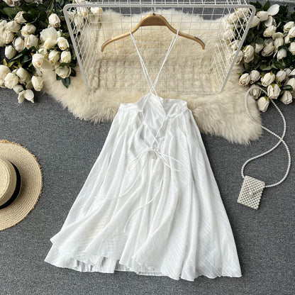 2025 summer new design niche sling holiday dress white beach dress halter dress R2299