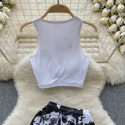 American retro printed sleeveless vest + hip skirt two-piece suit R2292