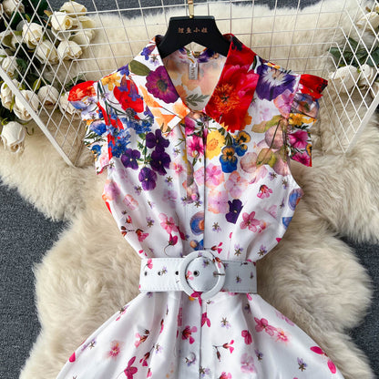 European and American retro palace style shirt dress sleeveless waist slim floral dress R2288