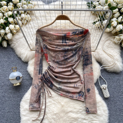 European and American hot girl style tie-dyed one-shoulder drawstring pure desire niche chic top R2296