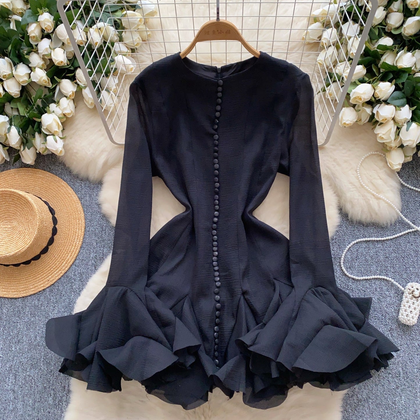 European and American style petal sleeve dress with ruffle design, unique temperament short skirt R2277