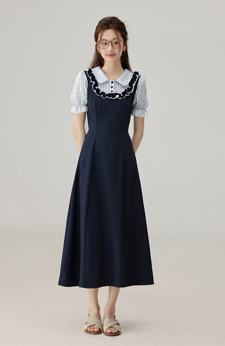 2025 Summer College Style Fake Two Piece Blue Dress Interview Dress R1956