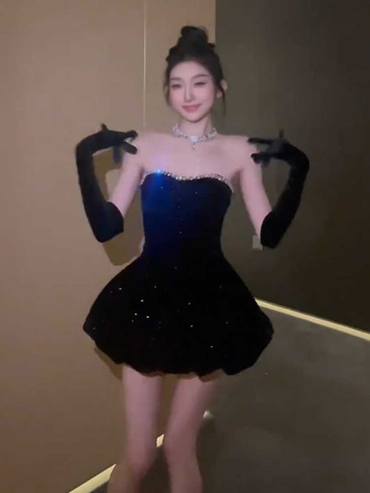 Birthday party dress high-end niche temperament tutu skirt tube top velvet dress R1769