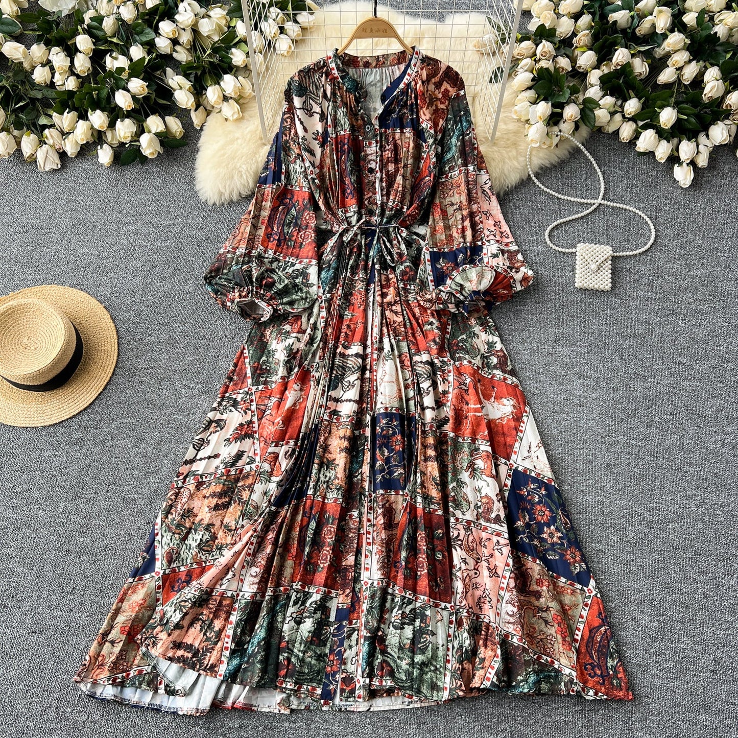 European and American style pleated printed dress lantern long sleeve waist slim long skirt R2322