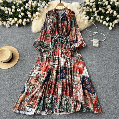 European and American style pleated printed dress lantern long sleeve waist slim long skirt R2322