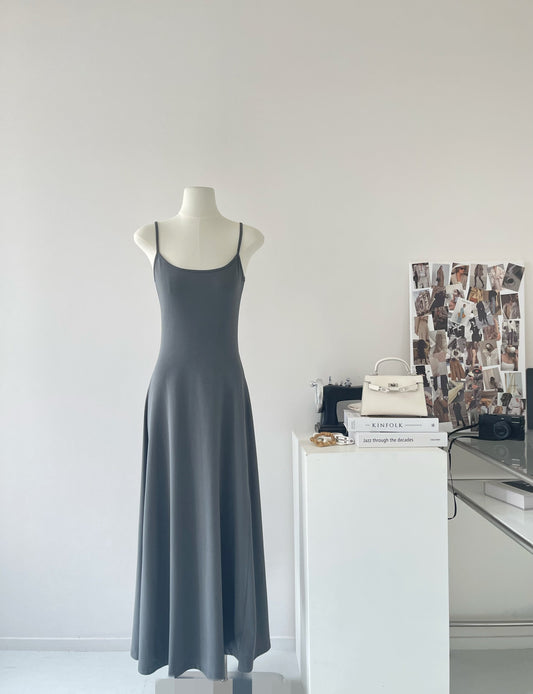 Black and gray simple waist slim U-neck temperament long suspender dress R2088