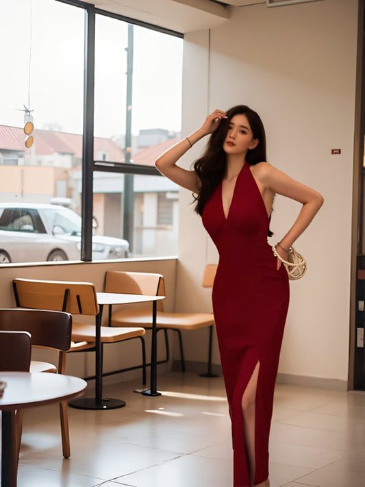 Burgundy sexy halter neck dress French temperament hip-wrapped evening dress long skirt R1458