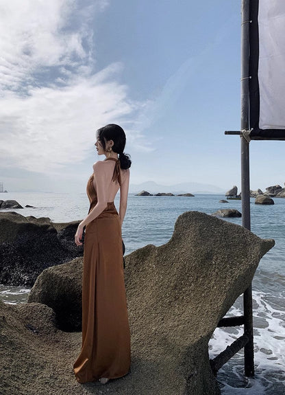 A Line Brown Long Stunning Evening Gown Party Prom Dress       S7305