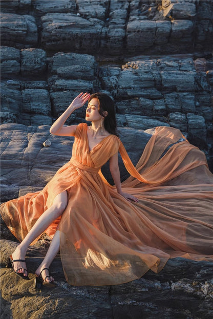 A Line Orange Long Stunning Evening Gown Party Prom Dress       S7302
