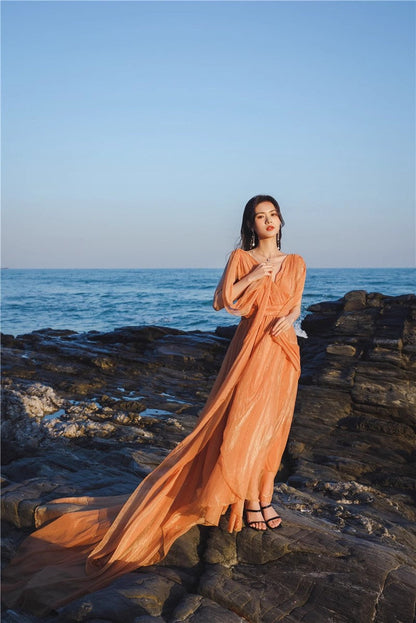 A Line Orange Long Stunning Evening Gown Party Prom Dress       S7302