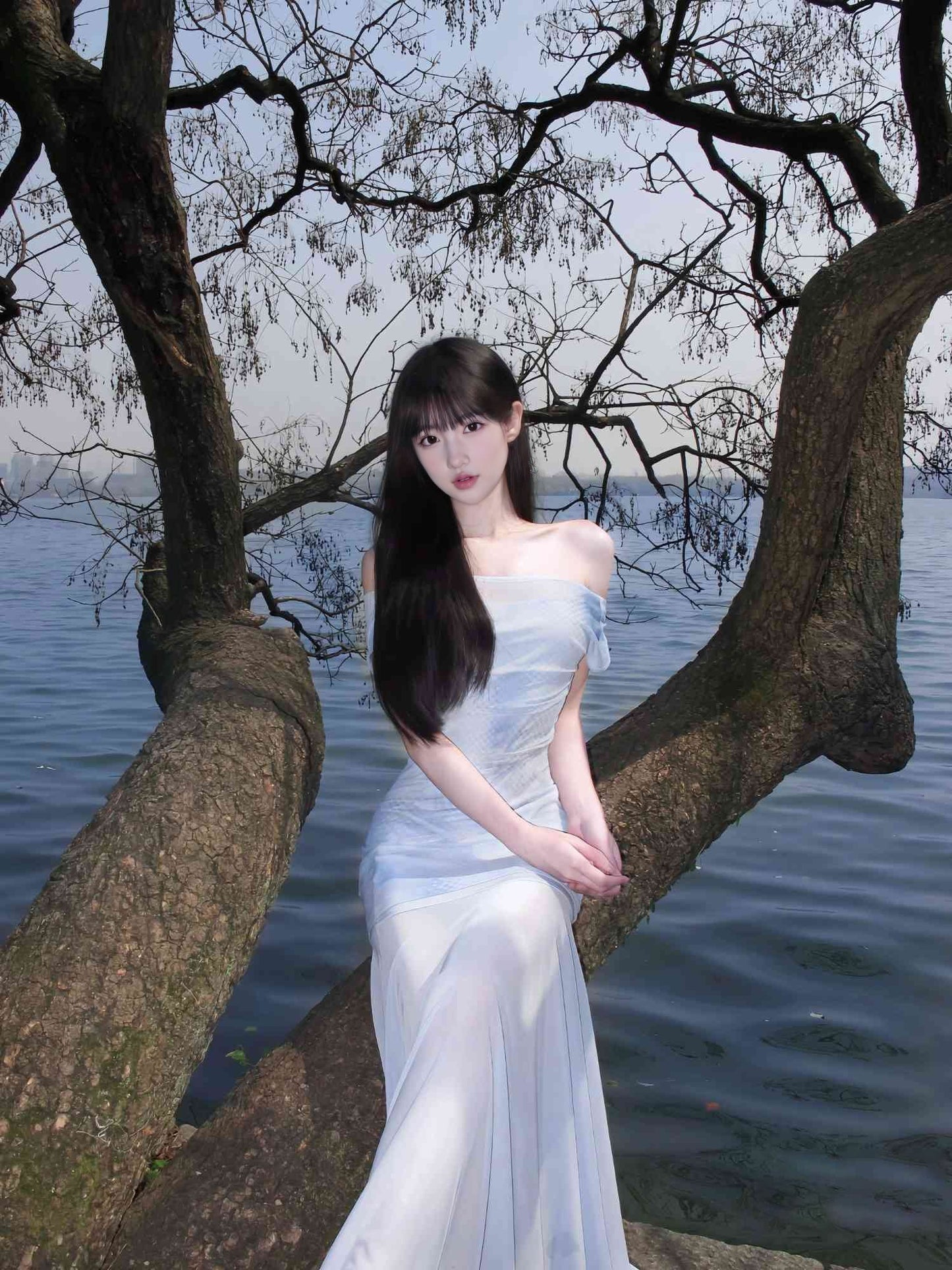 Blue floral one-shoulder dress, gentle temperament, beautiful waist and hip skirt R0686