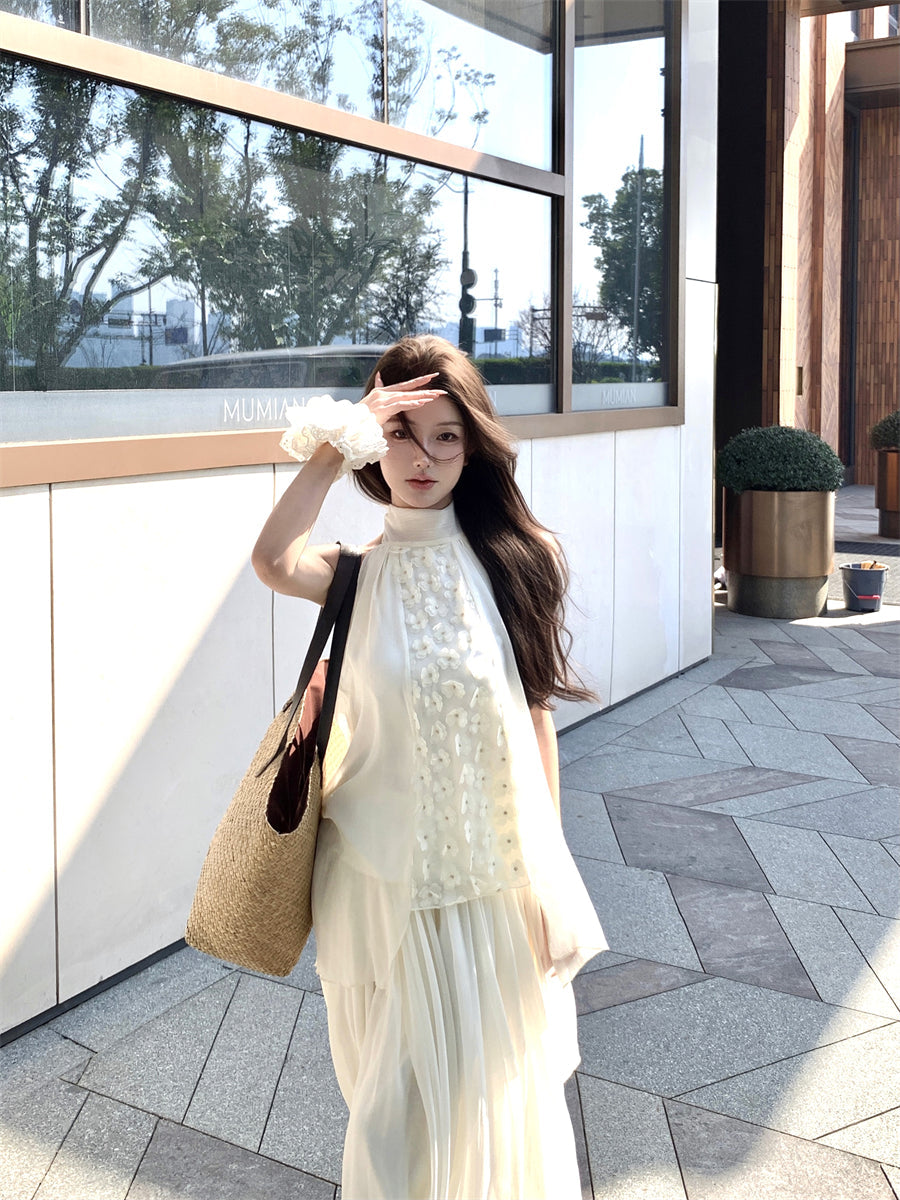 Beautiful suit outfit first love white floral halter neck top skirt two piece skirt R0689