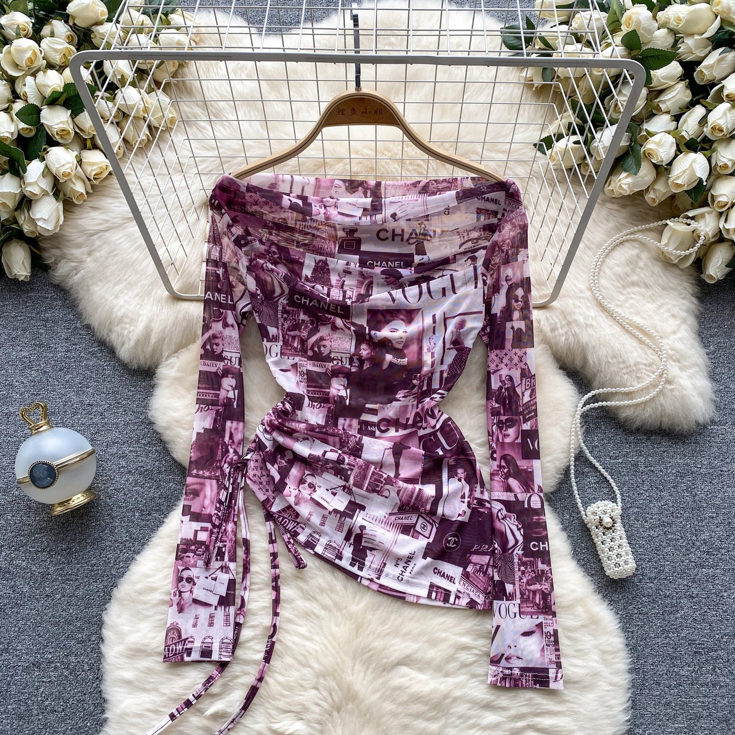 European and American hot girl style tie-dyed one-shoulder drawstring pure desire niche chic top R2296