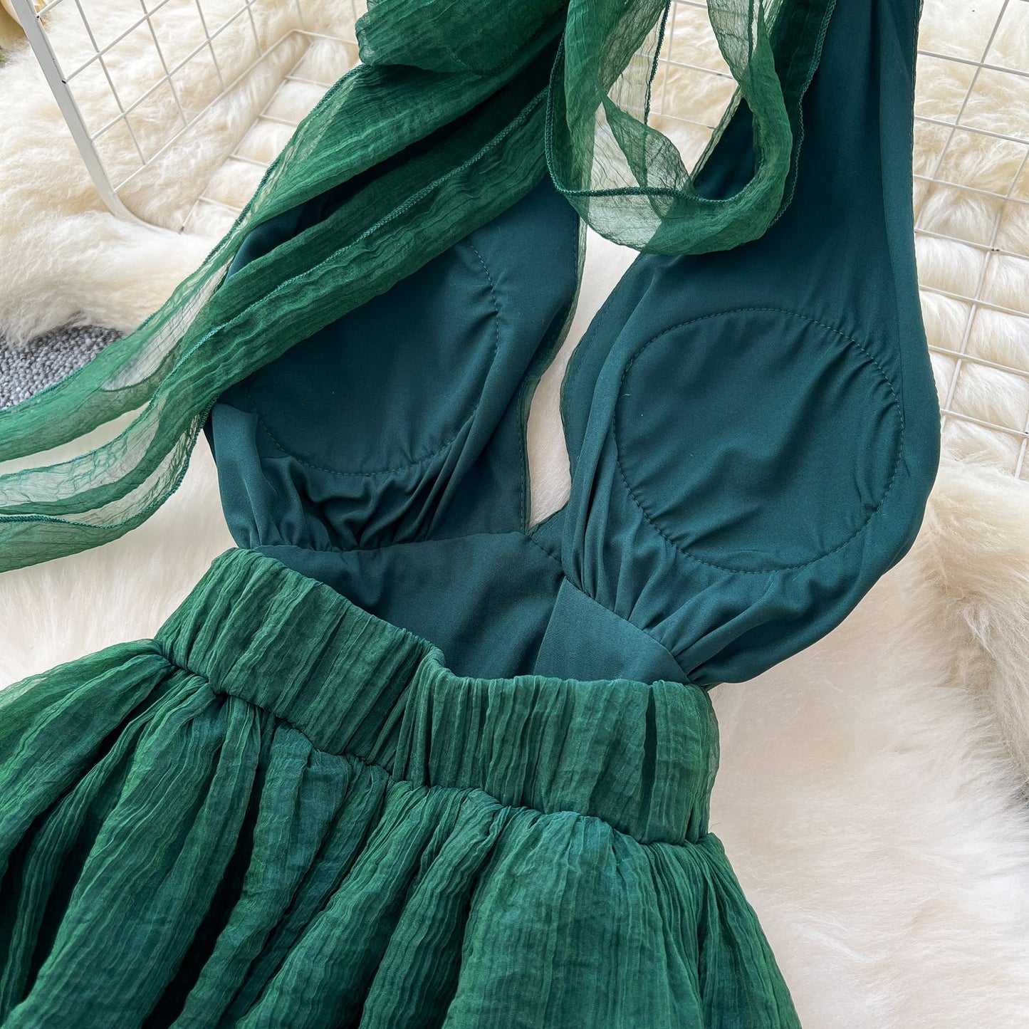 Elegant dress French style deep V-neck halter neck strap waist slit backless holiday long dress R2264
