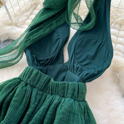Elegant dress French style deep V-neck halter neck strap waist slit backless holiday long dress R2264
