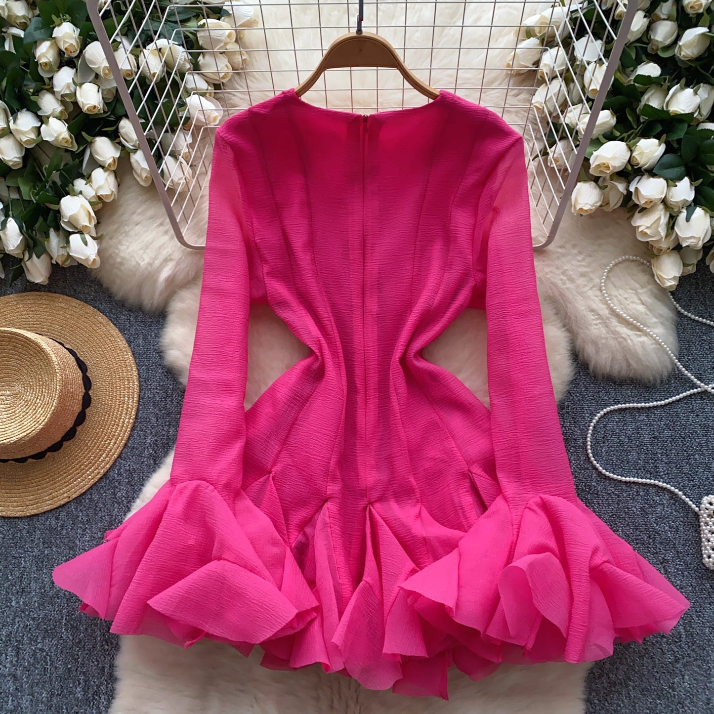 European and American style petal sleeve dress with ruffle design, unique temperament short skirt R2277