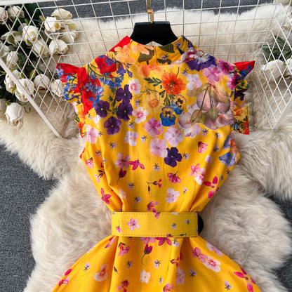 European and American retro palace style shirt dress sleeveless waist slim floral dress R2288