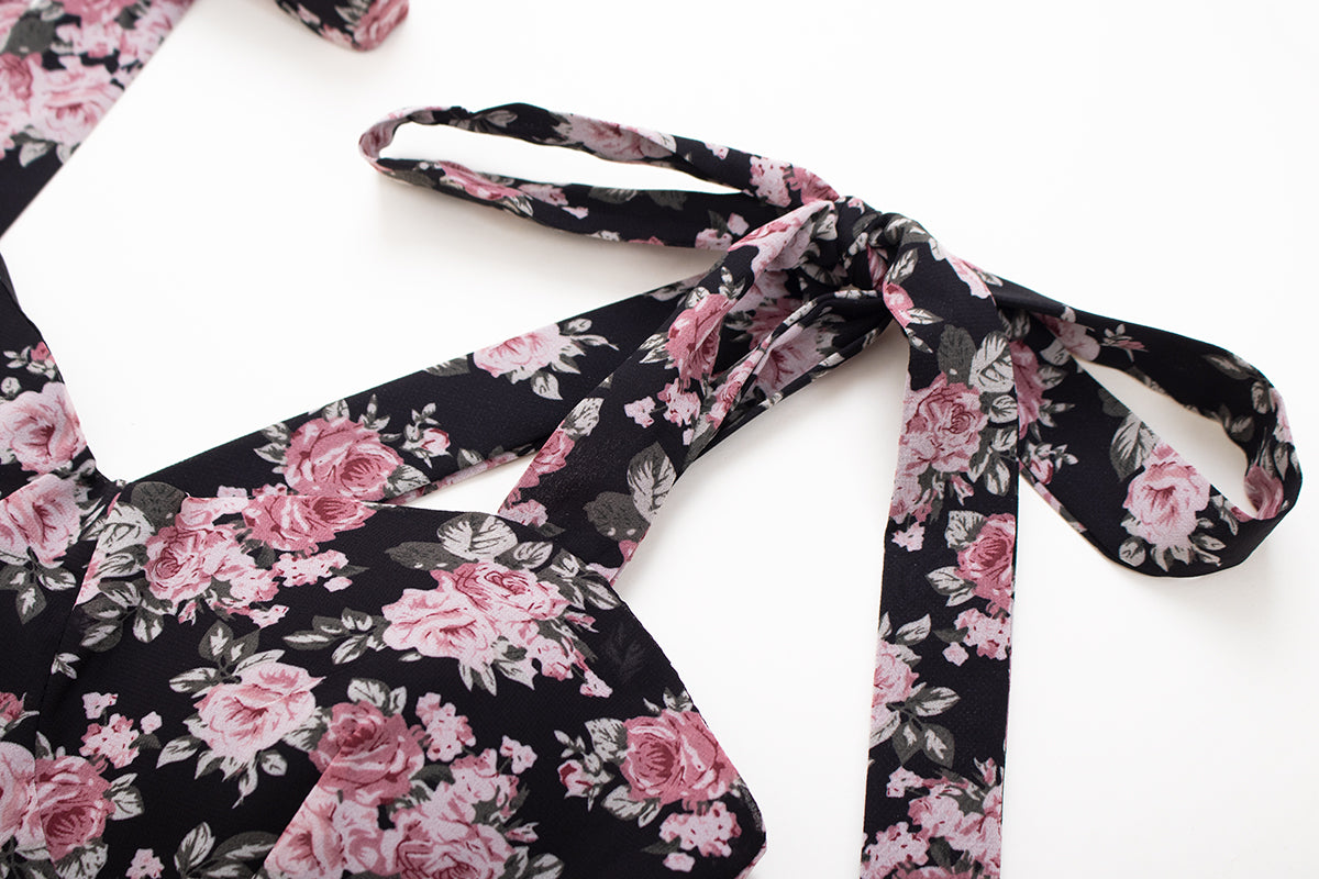 2025 new floral dress women's bow waist tea break dress suspenders short skirt R0014
