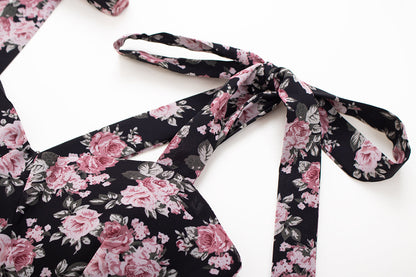 2025 new floral dress women's bow waist tea break dress suspenders short skirt R0014