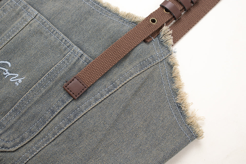 Fashion brand retro college style raw edge denim mid-length overalls all-match suspender dress R0072