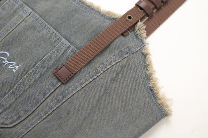 Fashion brand retro college style raw edge denim mid-length overalls all-match suspender dress R0072