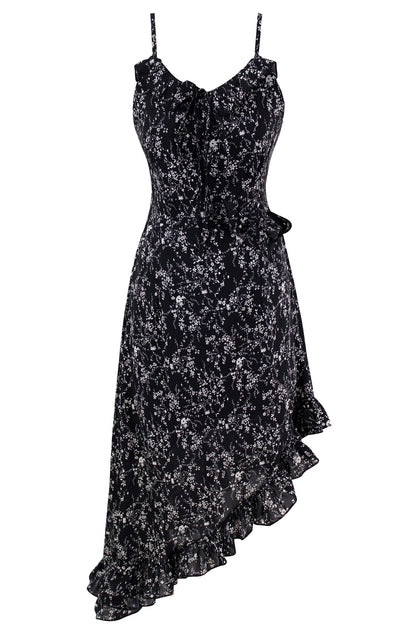 Bevel floral suspender dress French style slim waist long dress for women summer irregular R0031