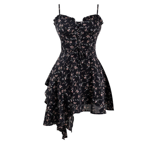 Dark pure desire niche irregular floral suspender hot girl dress R0020