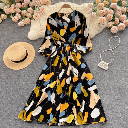 Dress goddess style temperament V-neck slim fit medium long retro print skirt R2206