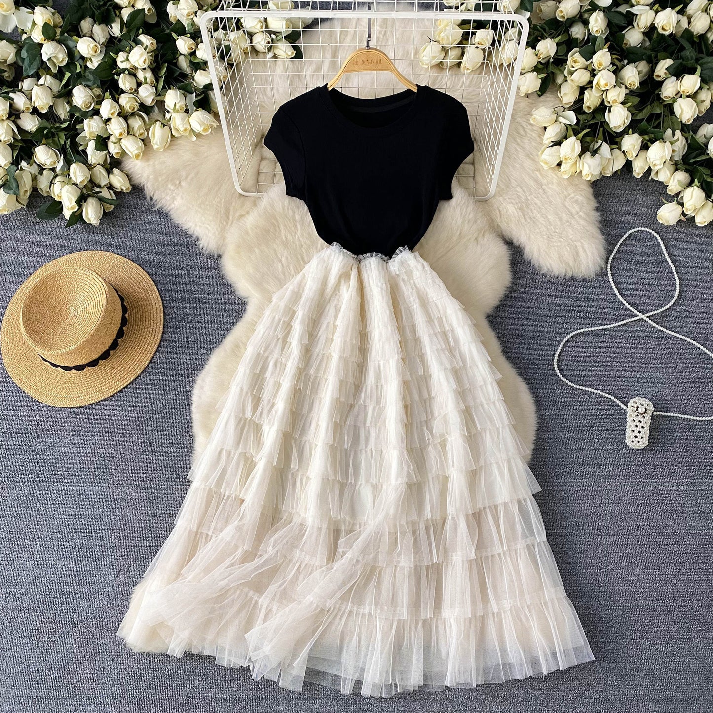 European and American style high-end dress mesh design waist slimming super fairy long skirt R2228