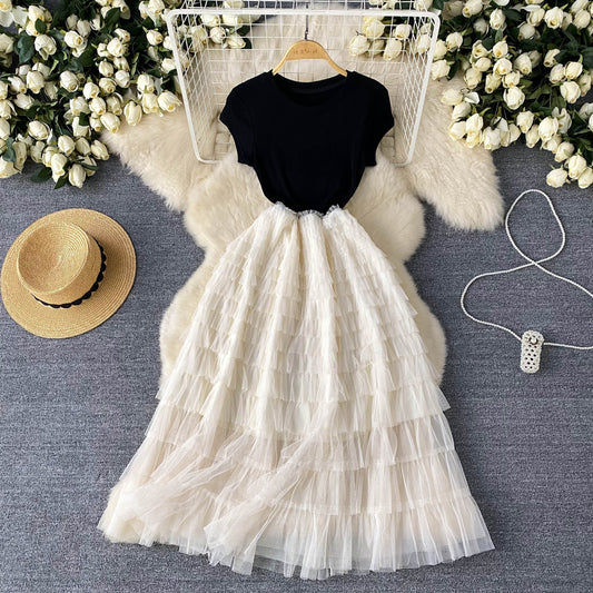 European and American style high-end dress mesh design waist slimming super fairy long skirt R2228