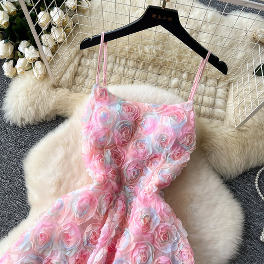 High-end dinner party dress heavy three-dimensional rose flower waist suspender dress R2221