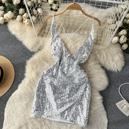 Sexy Spaghetti Straps Backless Short Sequin Dress Women Holiday Dress P191