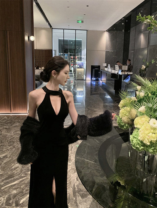 Birthday dress high-end dress high-end niche temperament lady black halter dress R1816